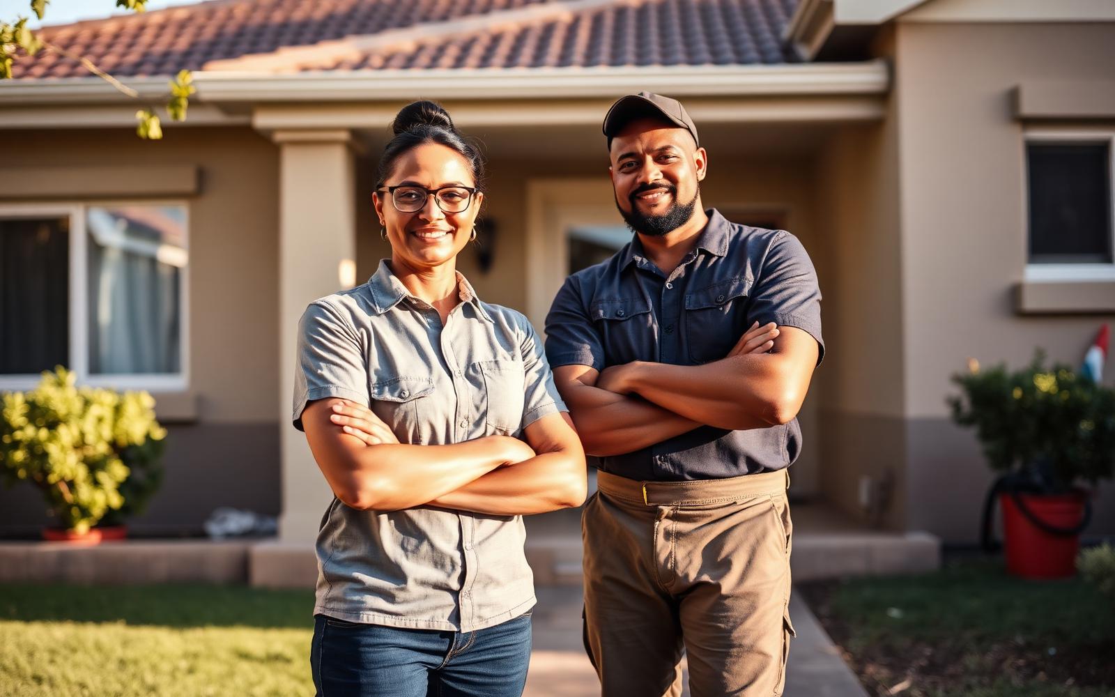 Two South African home service professionals outside a suburban home